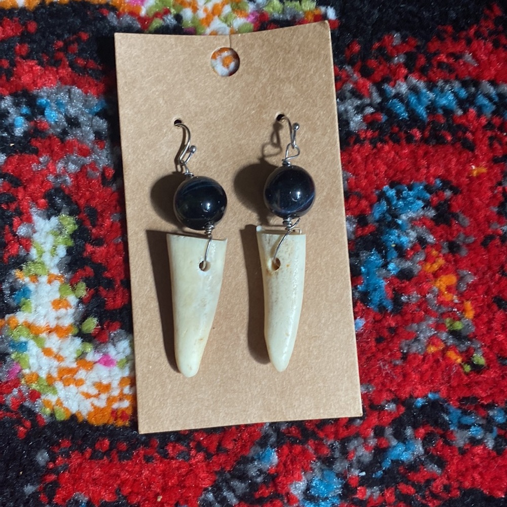 Real Natural Stone Blue Tigers Eye Deer Antler Earrings